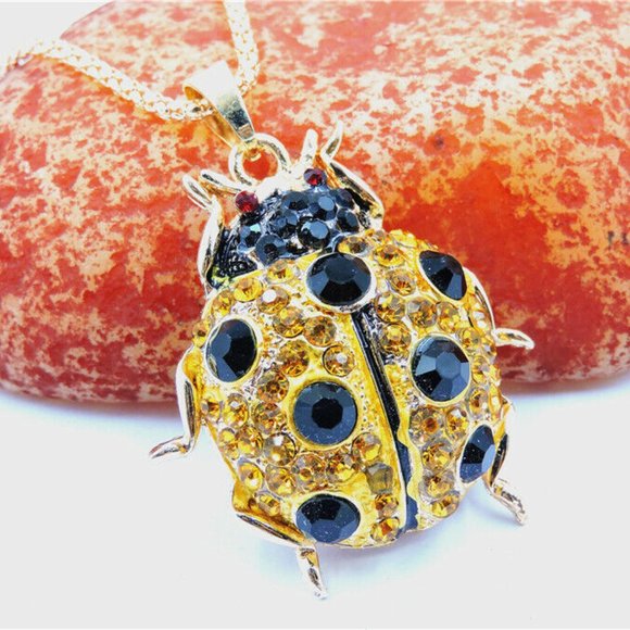Cute Little LADYBUG Golden Crystal Body Black Crystal Head PENDANT NECKLACE - Picture 2 of 2